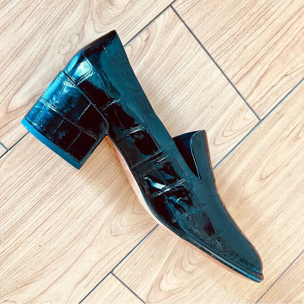 Vince Black Loafers Block Heel Croc Embossed